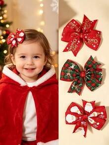 3pcs Christmas Series Reindeer & Santa Claus Print Ribbon Hexagonal Knot Bow Hair Clips, Suitable For Daily, Holiday And Party Use - Multicolor - View 7