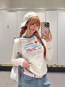 Casual Cute All-Over Polka Dot Colorblock Long Sleeve Women's Top Autumn Base Layer - White - View 1