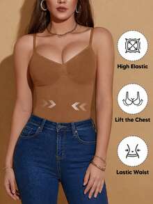 Women's Minimalist Solid Color Tummy Control Waist Slimming Bodysuit, Suitable As Undershirt Or Base Layer Summer Elegant Brown - Brown - View 4