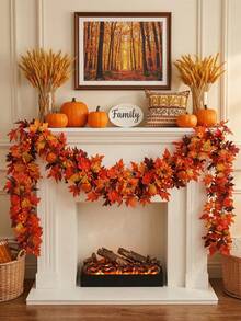 2pcs 78.7 Inch Realistic Artificial Sunflower Pumpkin Red Berry Maple Leaf Garland, Autumn Maple Leaf Garland, Home Decor Artificial Plants, Thanksgiving/Christmas/Halloween Room Decoration, Wedding, Outdoor, DIY, Autumn Decoration, Fireplace Party Decoration, Garden - Red - View 6