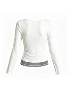 Korean Style Autumn 2 In 1 Striped Patchwork U-Neck Drawstring Long Sleeve Slim Fit Regular Base Layer Top - White - View 2