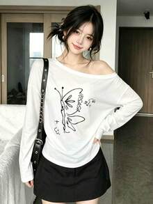 Korean Style Slouchy Chic Autumn/Winter Relaxed Fit Asymmetrical Shoulder Butterfly Print Long Sleeve Slimming Women's Top - White - View 2