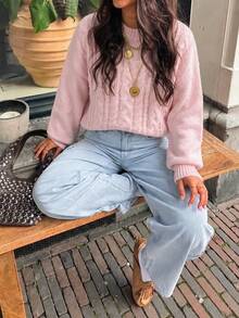 Women's Casual Fashion Autumn/Winter Fleece Cable Knit Round Neck Lantern Sleeve Loose Ribbed Regular Sweet Style Sweater - Pink - View 6