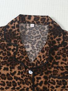 2pcs Women's Comfortable Leopard Print Short Sleeve Collared Top And Bow Shorts Pajama Set - Brown - View 3