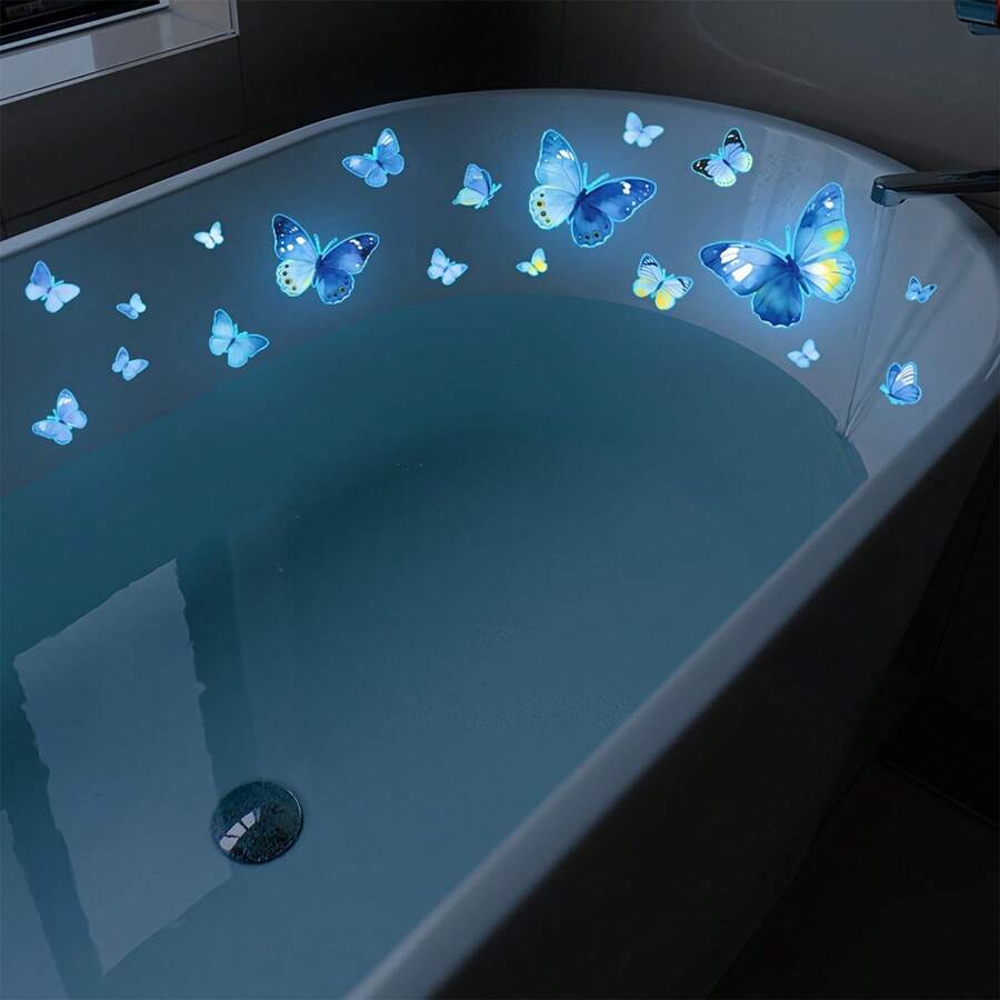 19pcs Glow-In-The-Dark Butterfly Bathtub Stickers, Self-Adhesive Removable Bathroom Toilet Decals, Suitable For Bathroom Home Decor - Butterfly - View 1
