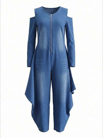 GLOURI Women Denim Jumpsuit, Cold Shoulder Long Sleeve Front Zipper Draped Wide Leg Romper For Club Night‑Out Party Casual Street Wear