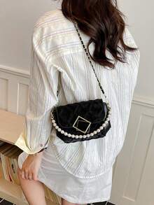 Black Small Square Pearl Bracelet Bag, Exquisite Luxury Crossbody Bag For Dating And Commuting, Women's Handbag - Black - View 5
