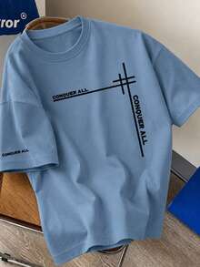 1pc Tween Boy Printed Short Sleeve T-Shirt, Student Youth Clothing, Summer Top For Kids - Dusty Blue - View 2