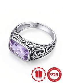 S925 Sterling Silver Vintage Carved Square Purple Zirconia Wide Band Ring Men's Luxury Distressed Finger Ring Gift Box Set - Silver - View 9
