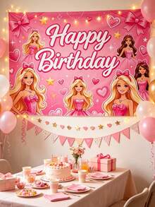 MASSDI Birthday Backdrop Pink Cartoon Themed, HD Printed Waterproof Reusable Polyester Fabric, 4 Unique Designs Optional, 95x75cm / 37.4x29.5 Inch, Easy Hanging Photo Booth Prop For Celebration Wall Ornament Gift Party Favor Decoration - Multiple Styles - View 10
