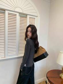 Women's 2 In 1 Patchwork Long Sleeve Base Layer Top, Slim Fit Flattering Inner Layer With Tie Detail And Contrast Color T-Shirt, Spring/Autumn - Dark Grey - View 6