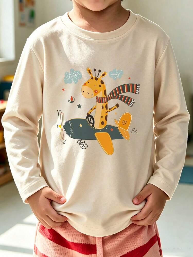 幼童男孩卡通長頸鹿飛行員圖案長袖T恤，淺杏色圓領休閒上衣，適合春秋穿著 - 杏色 - 查看 3