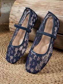 Women's Dark Blue Lace-Up Mary Jane Ballet Flats Square Toe Buckle Strap Casual Shoes - Navy Blue - View 5