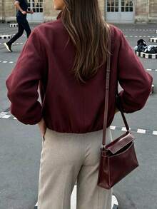 Vintage Wool Pocket Jacket Women Stand Collar Metallic Cropped Fall Winter Fashion - Wine Red - View 8