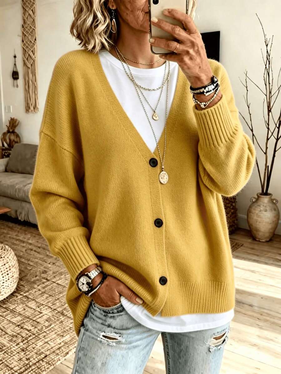 Plus Size Women Fall Winter V‑Neck Button Front Knit Cardigan, Drop Shoulder Long Sleeve Loose Soft Knit Casual Sweater Coat - Mustard Yellow - View 1