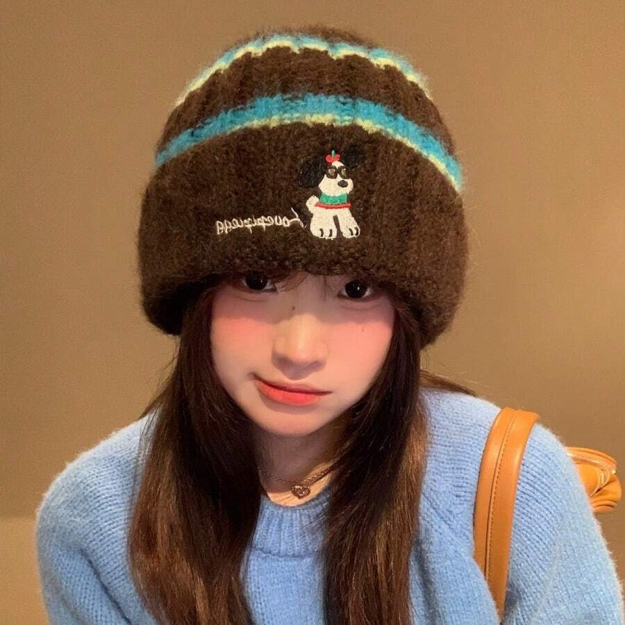 3pcs Vintage Colorblock Striped Plush Knit Beanie, Cartoon Puppy Embroidered Letter Cold Weather Hat, Autumn/Winter Outdoor Warm Versatile Ear-Flap Woolen Cap - Multicolor - View 1