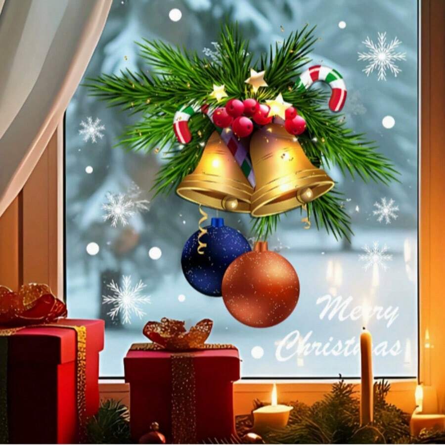1pc Christmas Red Berry & Gold Bell Window Sticker, Colorful Decorative Ball & Candy Cane Glass Decal, Bedroom & Living Room Holiday Decoration - Multicolor - View 1