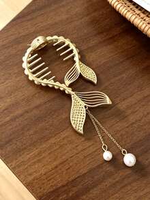 1pc Luxury Sparkling Rhinestone Fish Tail Clip, Vintage Hollow Metal Pearl Pendant Hair Clip, Elegant Women's Hair Accessory For Wedding - Multicolor - View 3