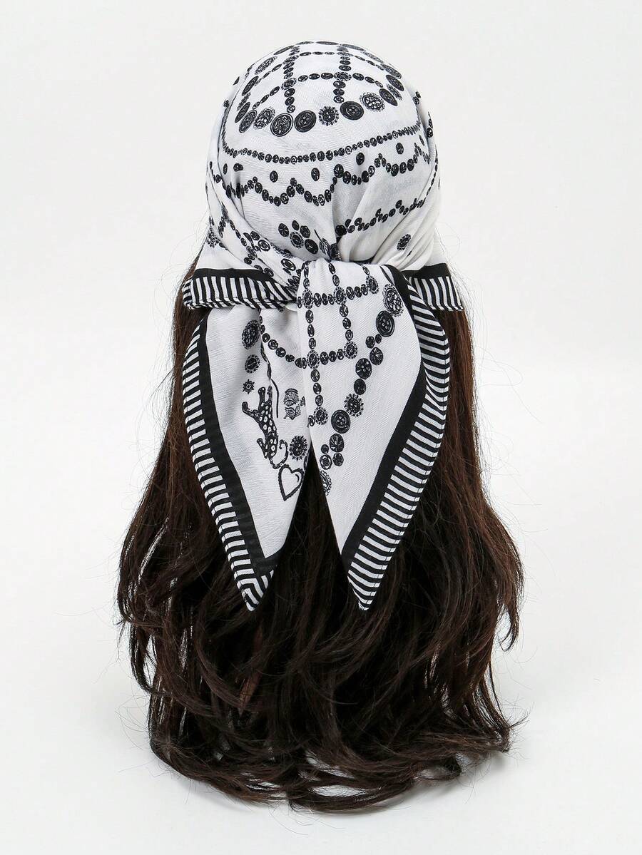 1pc Simple Printed 70cm Square Bandana New Spring Style Women's Versatile Waist Belt Bag Accessory Ribbon Headscarf Headband Fashion Scarf - Black and White - View 1