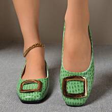 Women's Square Toe Crocodile Embossed Flat Slip-On Shoes With Metal Square Buckle Decor, Soft Sole Commuter Shoes - Green - View 7