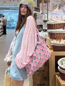 韓式花卉帆布托特包女款，大容量可折疊單肩包，適合大學生通勤、外出、日常購物，抽褶裙擺風腋下托特包，雲朵包 - 粉色 - 查看 3