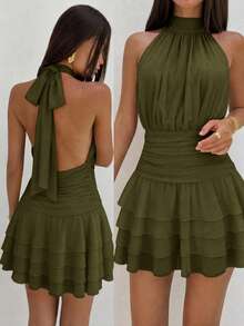 Elegant Halter Neck Backless Mini Dress, Layered Ruffle Hem, Wedding Style - Army Green - View 2