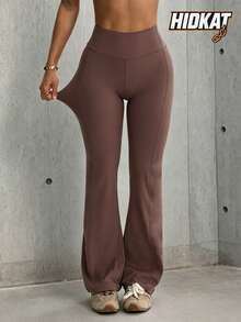 Hidkat Women's Solid Color Fashion High Waist Slim Fit Letter Print Sports Knit Flare Pants - Rusty Rose - View 1
