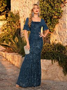 CEILIM Square Neck Chiffon Ruffle Short Sleeve Sequin Embroidered Mermaid Evening Gown, Front Square Neck Back Square Neck Open Back Slim Fit Bodycon Long Banquet Dress - Teal Blue - View 3