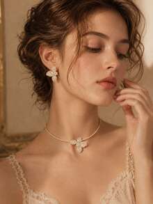 outingfit 1 Set New Full Rhinestone Leaf Necklace & Earrings Set, Versatile Party Fashion Jewelry Floral Accessories Necklace Set - Gold - View 4