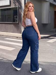 Washed Denim Plus Size Cargo Pants Featuring Practical Pockets And Button Closure With Medium Stretch For Everyday Fashion And Comfort - Blue - View 6