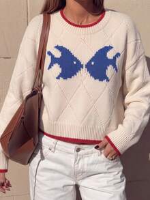 Sweater Rajut Wanita Model Pullover, Motif Berlian, Lengan Panjang Mengembang, Atasan Pendek dengan Trim Kontras, Cocok untuk Dipakai di Musim Gugur/Musim Dingin - Aprikot - View 5