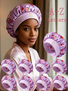 1pc Women's 26 Letter Wide Elastic Headband Cap, Soft Satin Sleep Cap, Light Purple Strawberry Pattern, Elastic Smooth Shower Cap - Multicolor - View 1