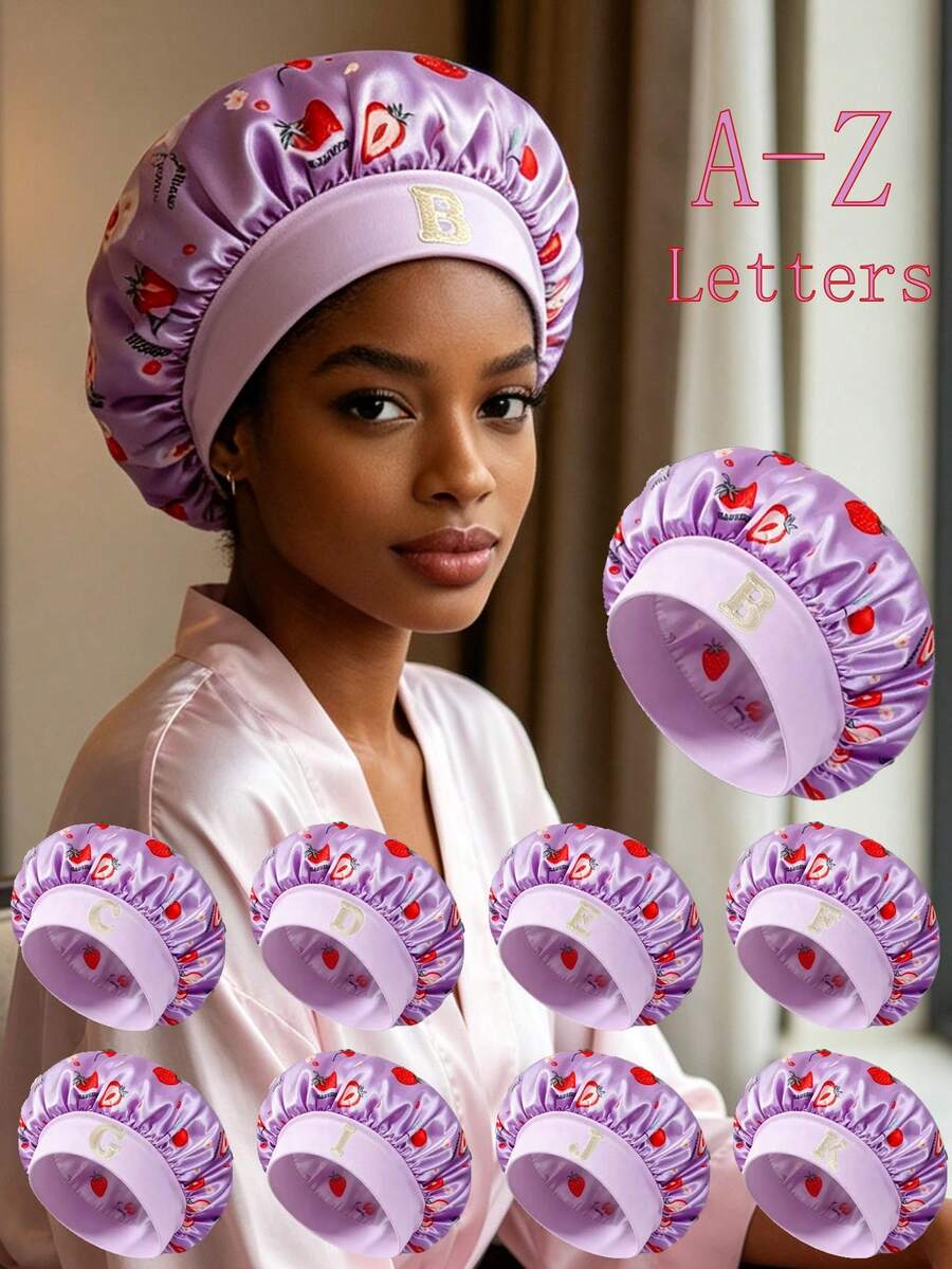 1pc Women's 26 Letter Wide Elastic Headband Cap, Soft Satin Sleep Cap, Light Purple Strawberry Pattern, Elastic Smooth Shower Cap - Multicolor - View 1