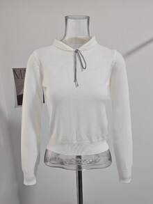 Women's Preppy Peter Pan Collar Tie-Front Long Sleeve Knit Sweater, Autumn Regular Shoulder Slim Fit Flattering Crop Top - White - View 9