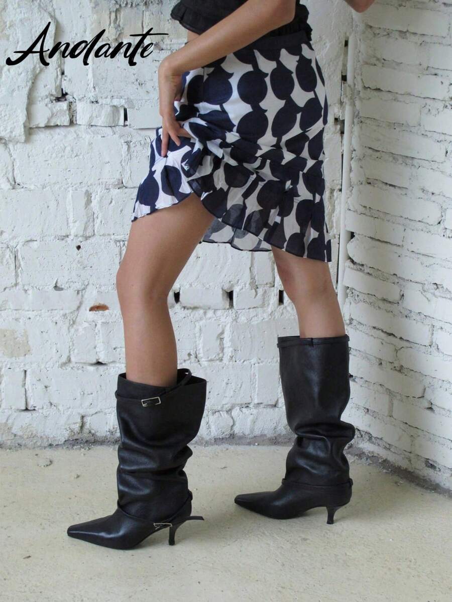 Pointed Toe Loose Fit Knee-High Boots, Metal Buckle Thin High Heel Leather Tall Boots - Black - View 1