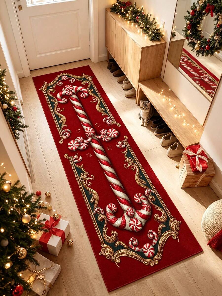 1pc Red Christmas Hallway Runner Rug, Corridor Long Carpet, Carpet, Long Runner, Area Rug, Mat, Home Decor, Area Carpet, Living Room Area Rug, Living Room Home Decor, Room Decor, Washable Carpet - Multicolor - View 1