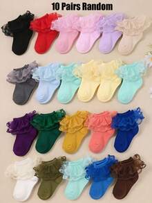 1/5/10 Pairs Random Style Girls Lace Ruffle Socks, Little Girls Autumn Clothing, Autumn Decorative Christmas Halloween Accessories, Baby Essentials Baby Socks - Multicolor - View 14