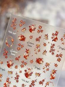 1 Sheet 3D Autumn Maple Fire Fox Nail Stickers, Red Maple Fox Cursive English DIY Press‑On Nail Charms - Multicolor - View 5