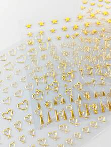 6pcs Gold Luxury Metal Minimalist Nail Art Stickers, Multiple Heart Star Bowknot Shell Cross Flower Self-Adhesive Nail Decals, Minimalist Metallic Texture DIY Nail Decoration - Multicolor - View 8