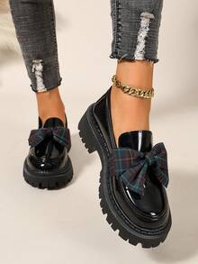 British Style Fabric Low-Top Loafers For Women, Plus Size Thick Platform Wedge Square Plaid Bow Knot Shoes - Navy Blue - View 1