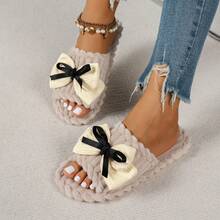 Women's Solid Color Fashion Fabric Bow Knot Comfortable Soft Sole Home Slippers Autumn/Winter One-Strap - Beige - View 2