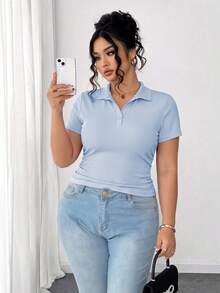 Camiseta de mujer de manga corta ajustada con cuello polo de unicolor,acanalada,transpirable y ligera, para uso diario - Celeste - Ver 1