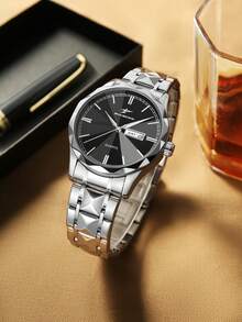 RICECGO 1pc Men's Fashion Quartz Watch, Round Dial With Rhombus Stainless Steel Band, Dual Calendar Business Watch, Stylish & Minimalist, Suitable For Business Occasions And Daily Wear - Silver - View 3