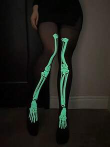 Halloween Multiple Styles Glow-In-The-Dark Polka Dot Skeleton Leggings, Glow-In-The-Dark Black Tights, Halloween Party Cosplay Full Leg Stockings - Black - View 2