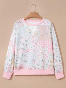 Blusa holgada para mujer con cuello redondo, hombros caídos, manga larga, textura acanalada, estampado floral y a cuadros en patchwork rosa, casual para uso diario y vacaciones de otoño - Rosa Pálido - Ver 5