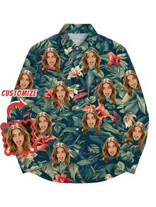 Custom Men's Casual Long Sleeve Shirt, Personalized Button Design, Customizable Print Pattern Design Men's Long Sleeve Shirt, Suitable For Daily, Holiday, Casual Party Wear, Unique Christmas Gift For Family And Friends, Commemorative Gift - White - View 4