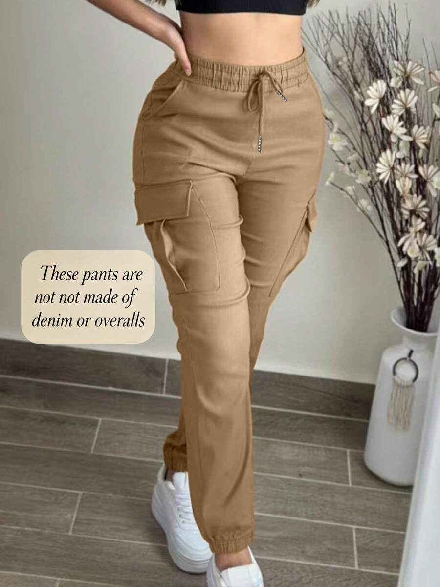 Fashion Solid Color Casual Loose Drawstring Waist Cargo Pants Spring - Khaki - View 1