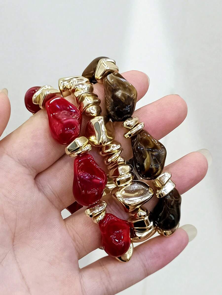 LADYCOCO 3件組時尚復古厚款多層多色壓克力珠串手鍊,不規則金色碎石手鍊,適合女性日常配戴 - 彩色 - 查看 1
