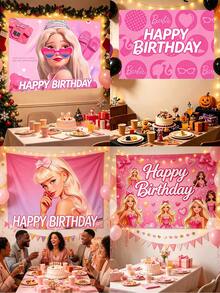 MASSDI Birthday Backdrop Pink Cartoon Themed, HD Printed Waterproof Reusable Polyester Fabric, 4 Unique Designs Optional, 95x75cm / 37.4x29.5 Inch, Easy Hanging Photo Booth Prop For Celebration Wall Ornament Gift Party Favor Decoration - Multiple Styles - View 1