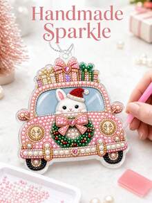 Custom Photo Christmas Ornament, DIY Pink Vintage Car Rabbit Hanging Pendant, Sparkly Pearl Painting Style Xmas Tree Decoration, Personalized Cute Festive Home Hanging Decor For Christmas Party - Multicolor - View 3